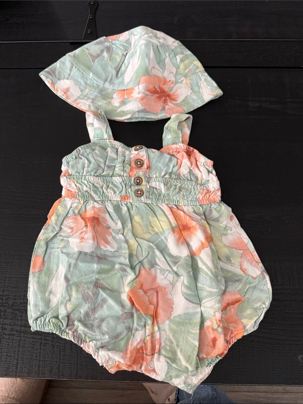 Volcom Peach & Mint Floral Baby Romper with Matching Sun Hat